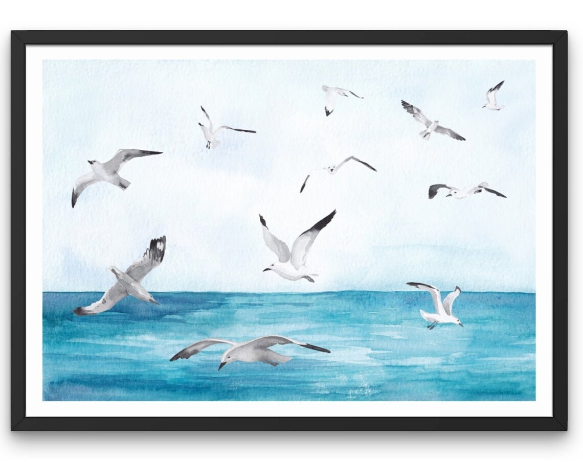 Seagulls Over Sea Watercolor Flying Birds Coastal Art Poster