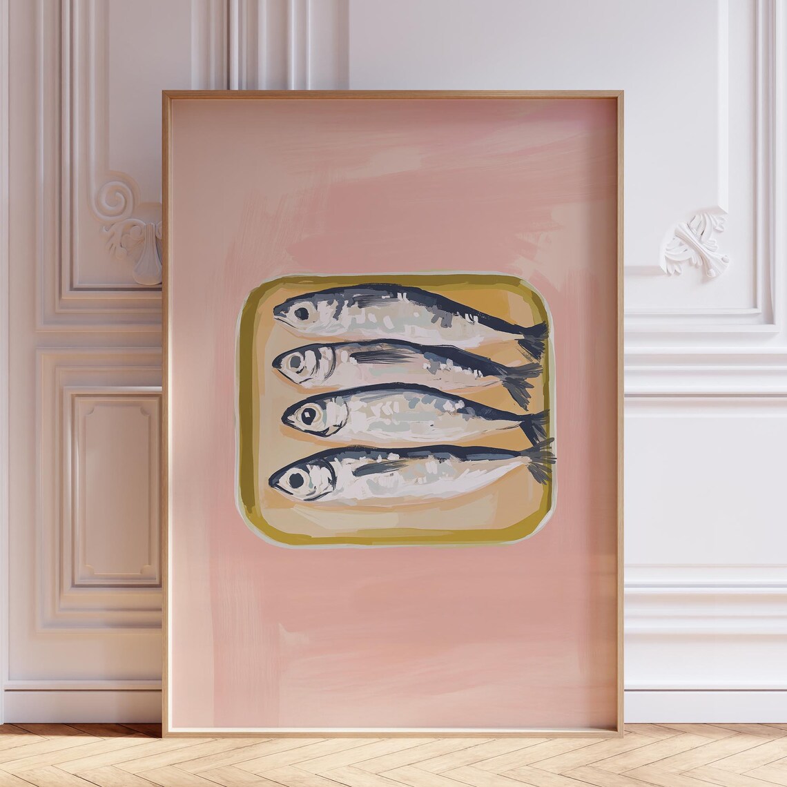 Pink Sardine Print Retro Sardines Wall Art Girly Kitchen Cute Fish Coastal
