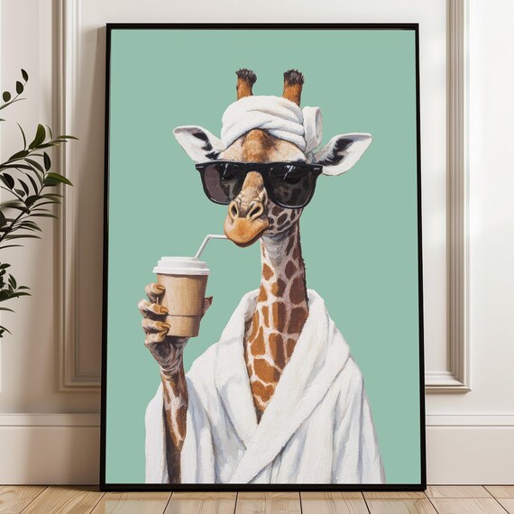 Playful Giraffe Sipping Coffee in Sunglasses and Bathrobe Poster
