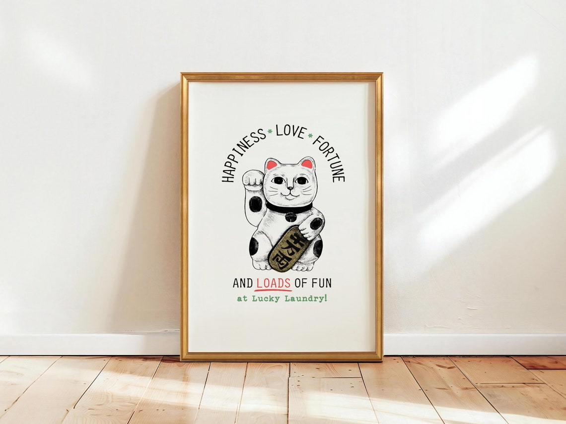 Lucky Cat Laundry Room Happiness Love Fortune Funny Wall Art