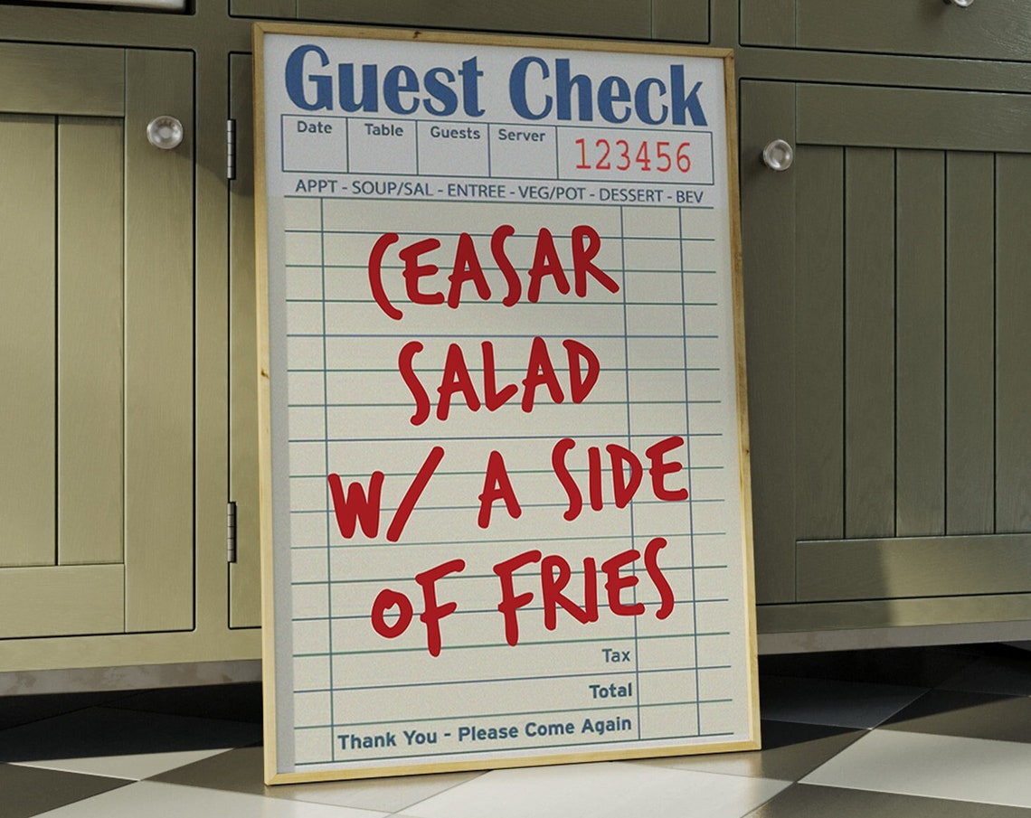 Guest Check Ceasar Salad With Fries Funny Red Kitchen Wall Art