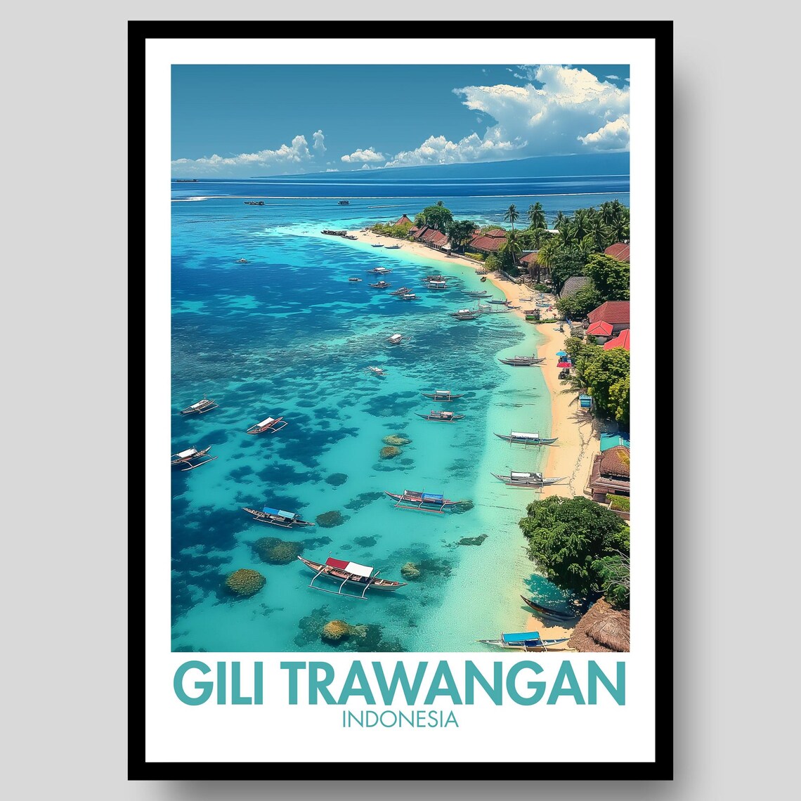 Gili Trawangan Indonesia Aerial Boats Turquoise Bay Travel Art Poster
