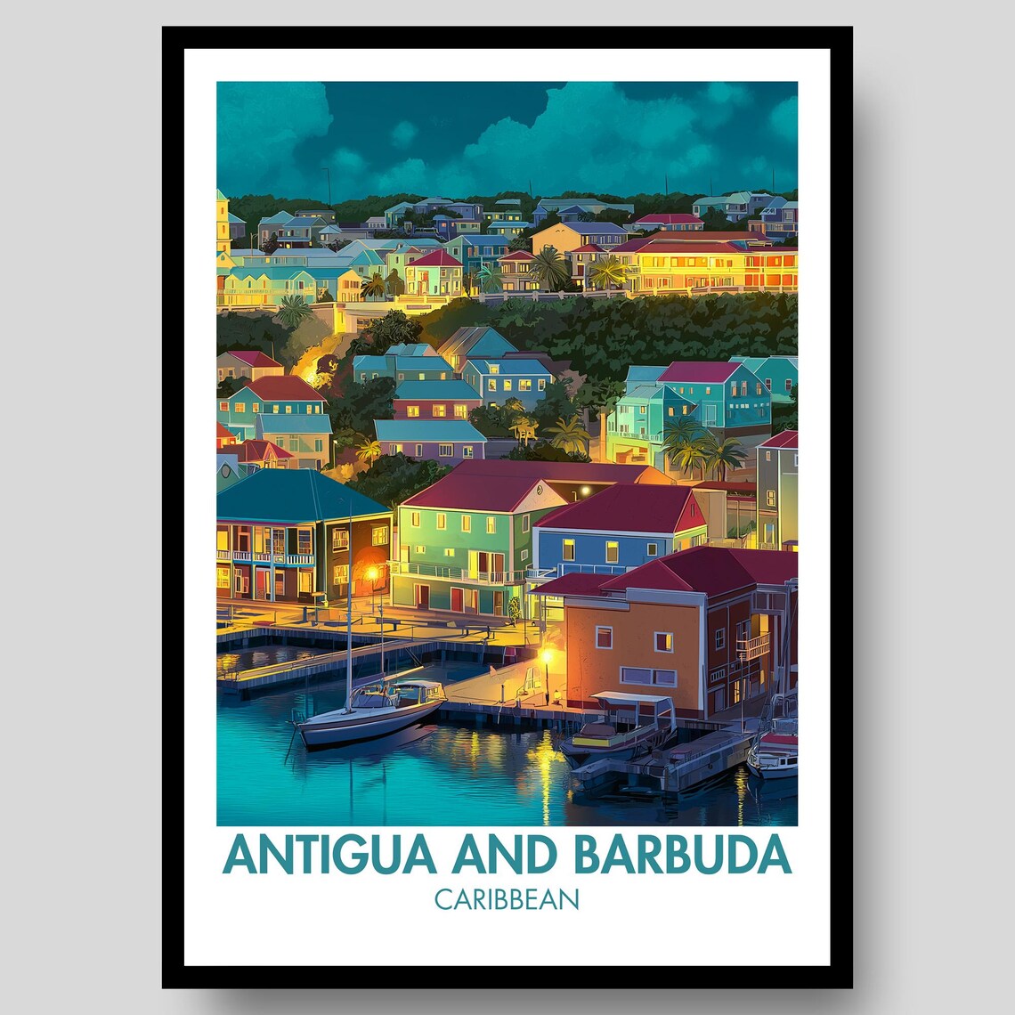Antigua and Barbuda Caribbean Harbor Dusk Colorful Travel Poster