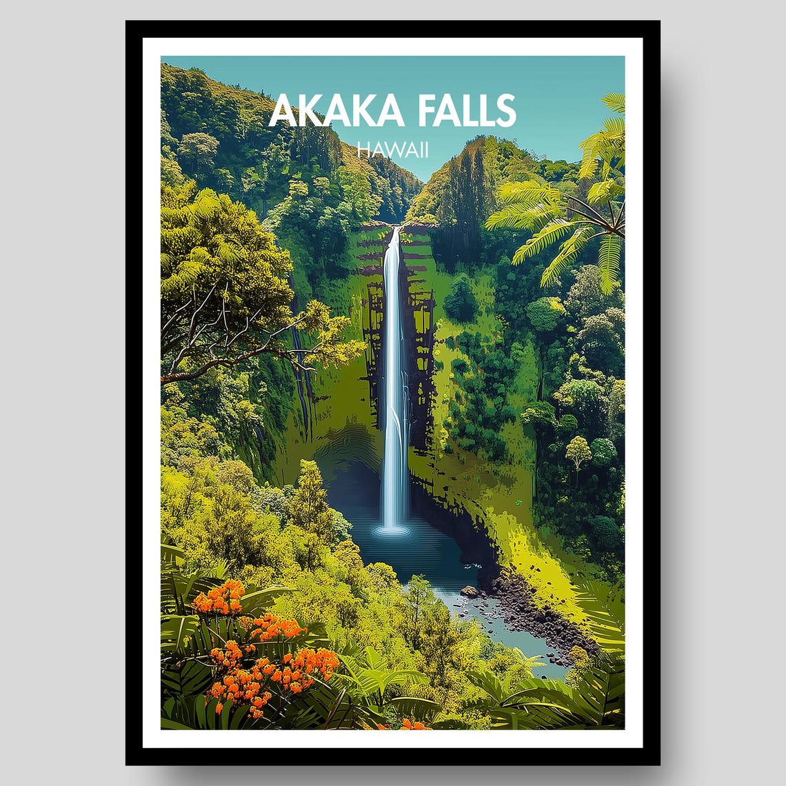 Akaka Falls Hawaii Lush Waterfall Jungle Cascading Landscape Poster