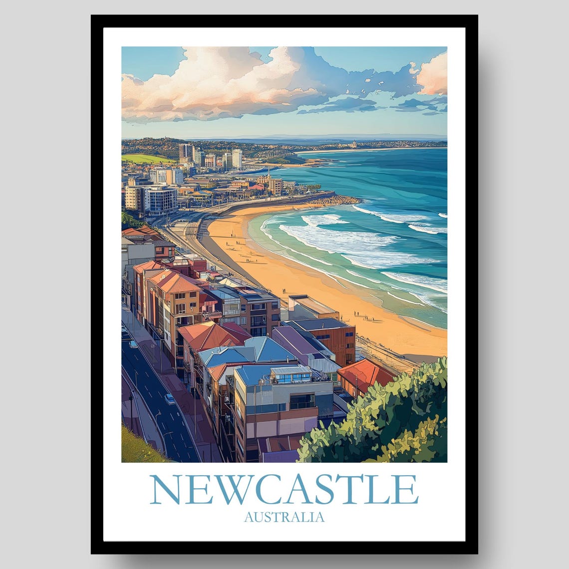 Newcastle Australia Beachfront City Aerial Coastline Surf Poster