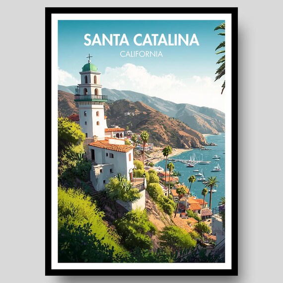 Santa Catalina Island Bell Tower Harbor Illustrated Travel Poster