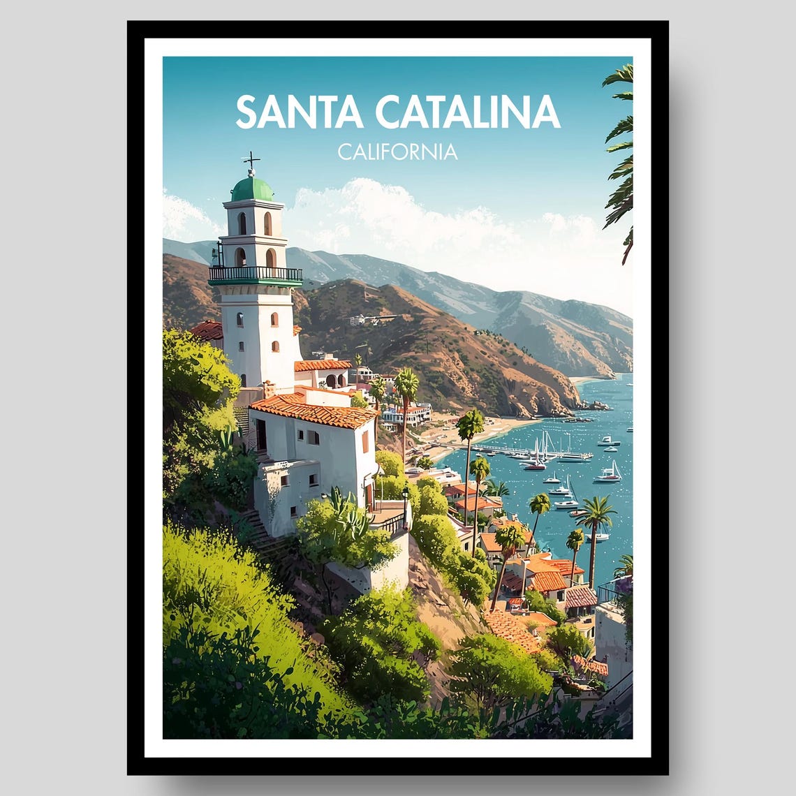 Santa Catalina Island Bell Tower Harbor Illustrated Travel Poster