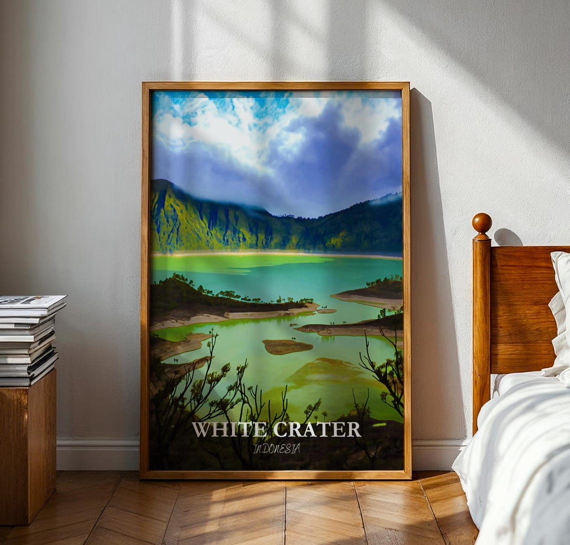 White Crater Indonesia Turquoise Crater Lake Misty Travel Art Poster