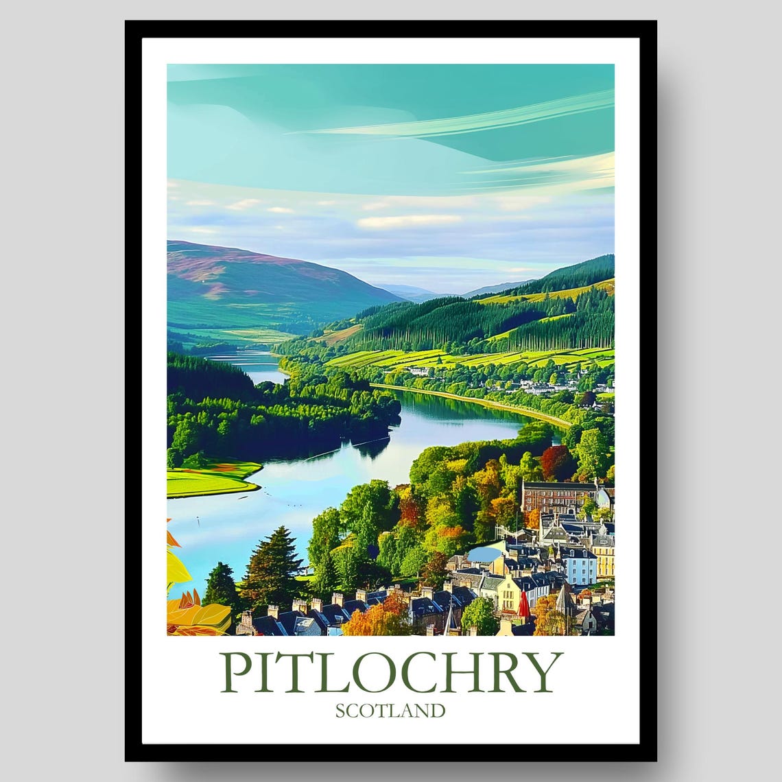 Pitlochry Scotland River Valley Hills Highland Town Scenic Art Poster