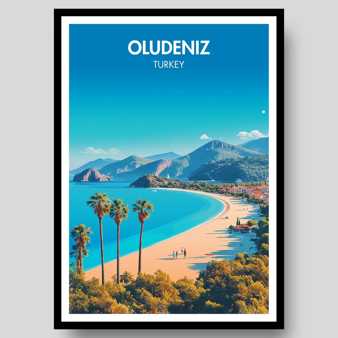 Oludeniz Turkey Blue Lagoon Palm Beach Mountain Travel Poster Art