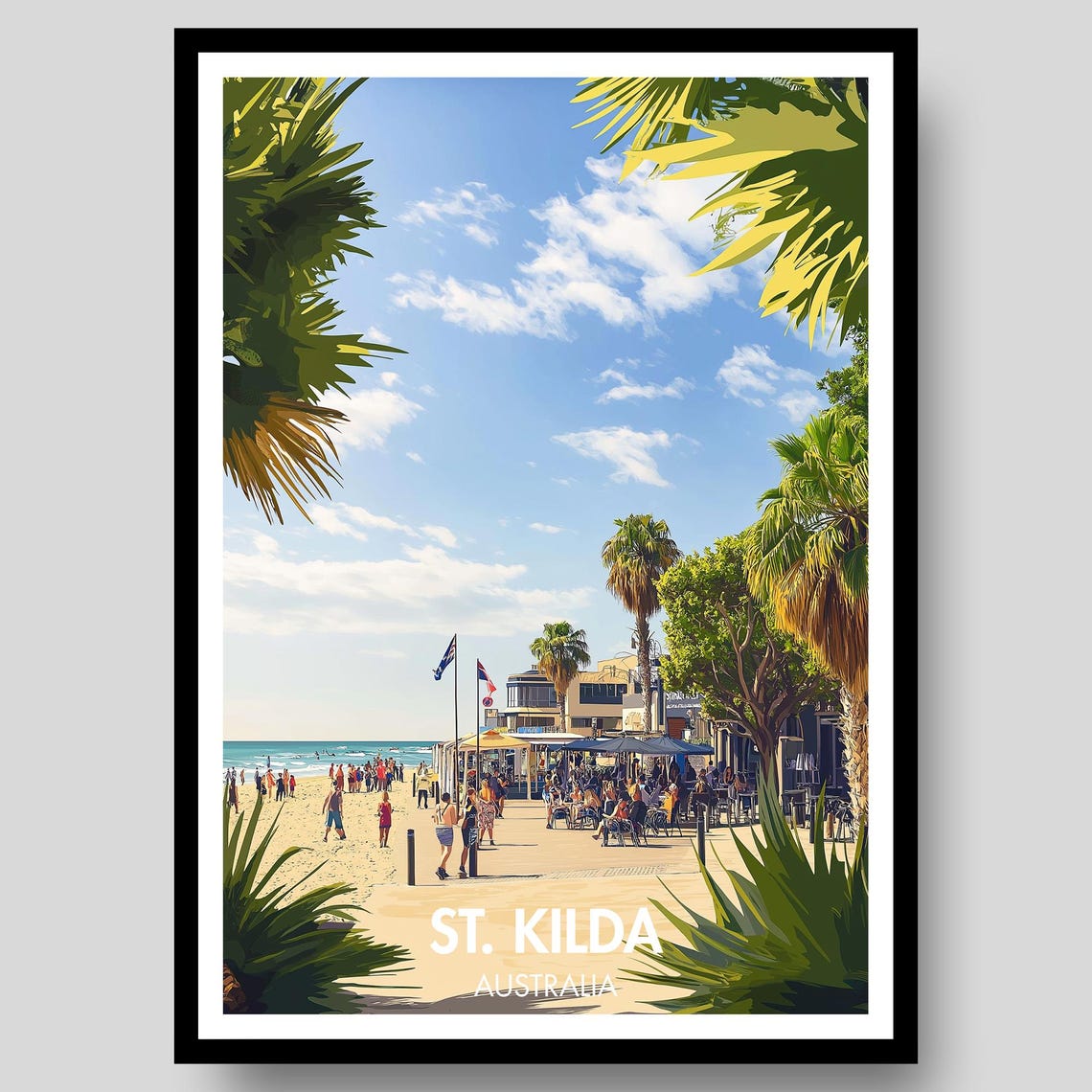 St Kilda Australia Sunny Beach Promenade Palm Trees Travel Poster