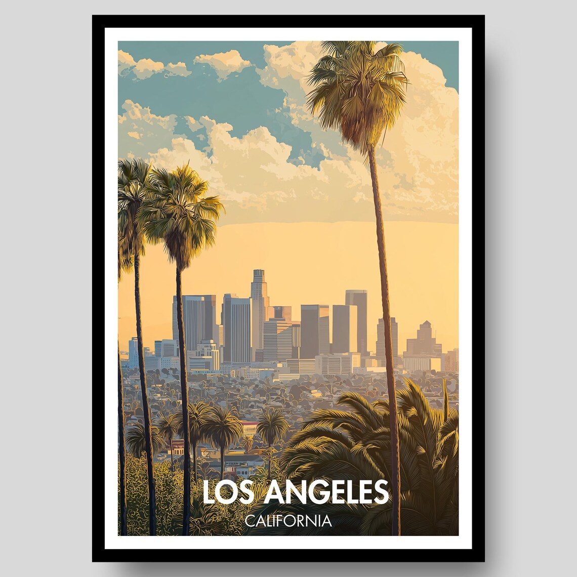 Los Angeles California Skyline Palms Golden Sunset Travel Poster