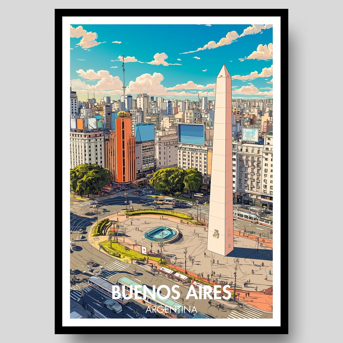 Buenos Aires Argentina Obelisk Avenue Retro City Travel Poster