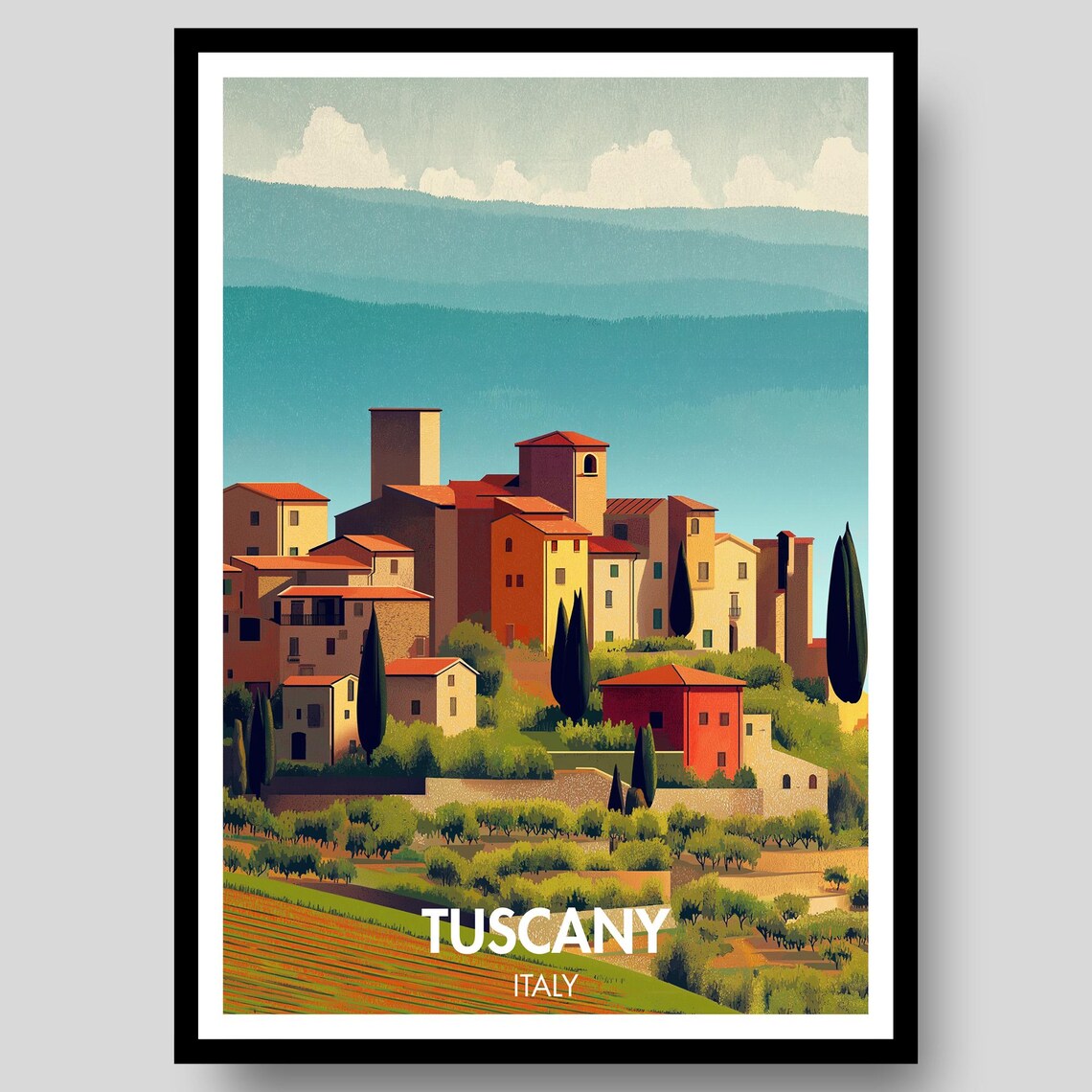 Tuscany Italy Countryside Hill Village Cypress Trees Scene Poster