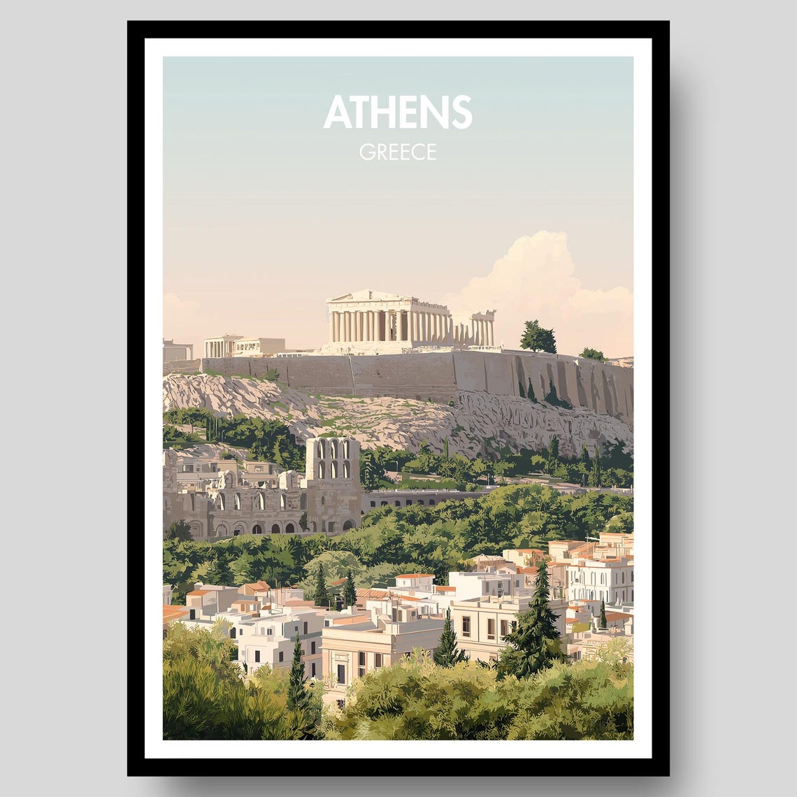 Athens Acropolis Parthenon Sunset Greece Vintage Travel Poster