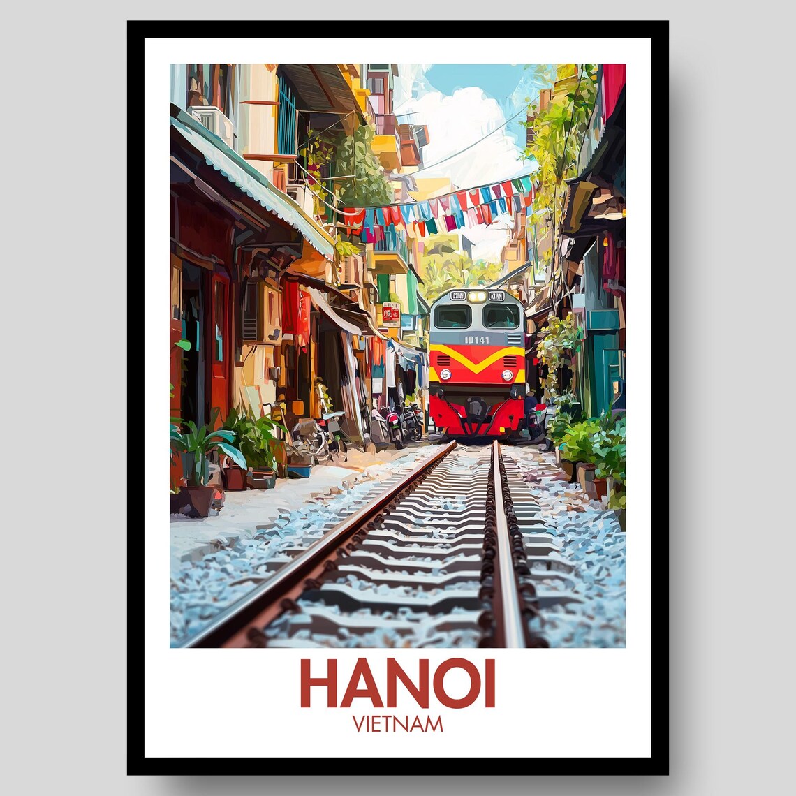 Hanoi Train Street Old Quarter Red Locomotive Vietnam City Poster