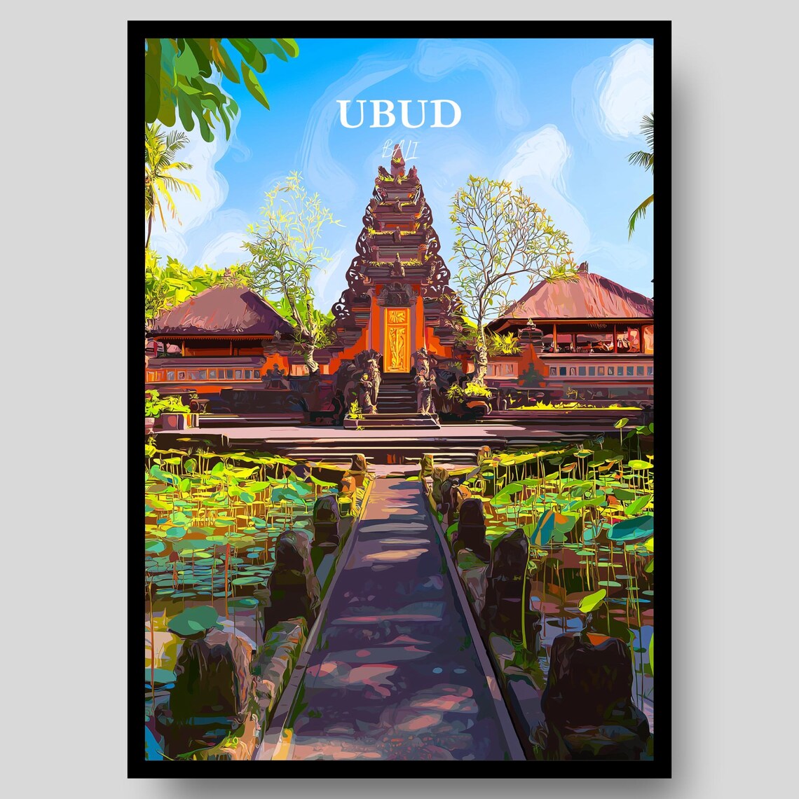 Ubud Bali Carved Stone Temple Tropical Foliage Travel Art Poster