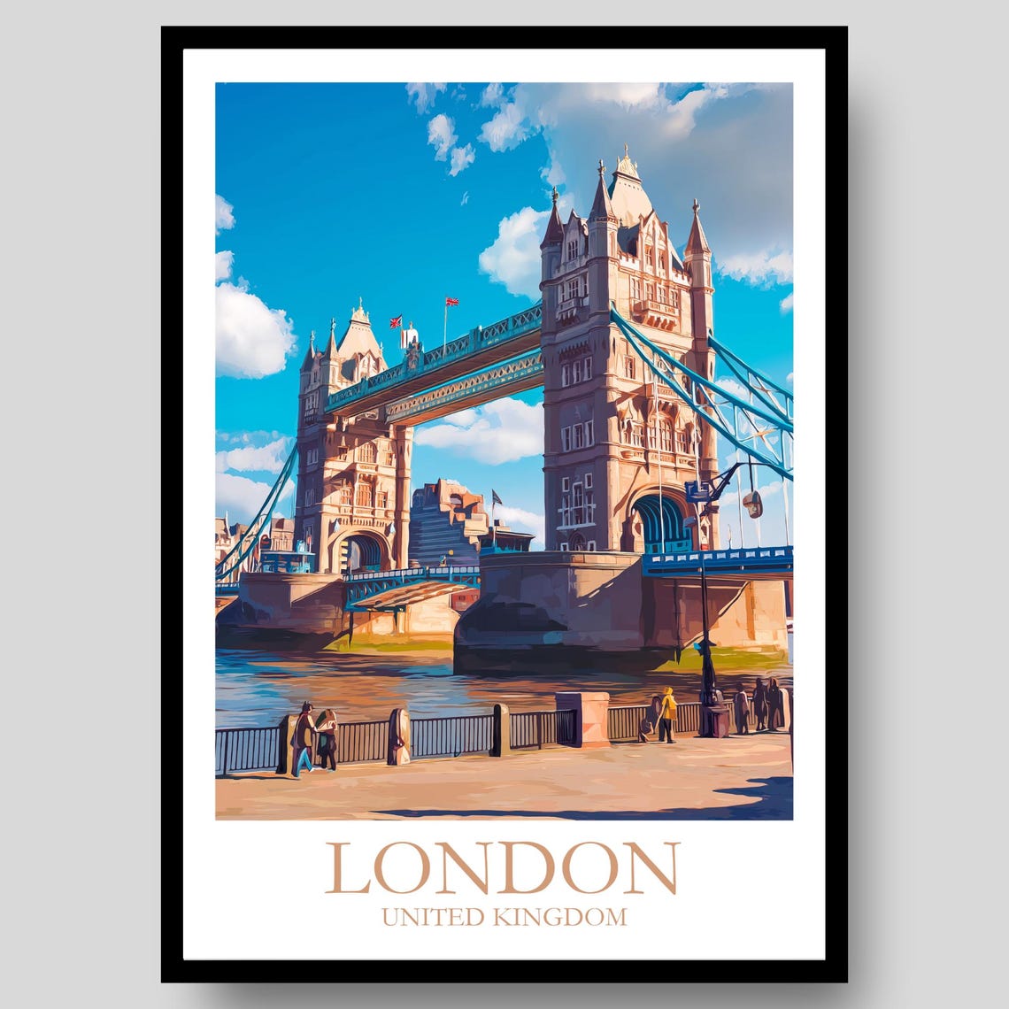 London United Kingdom Tower Bridge River Thames White Border Poster