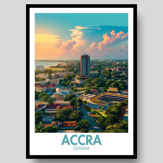 Accra Ghana Golden Hour Cityscape Aerial Skyline Travel Poster