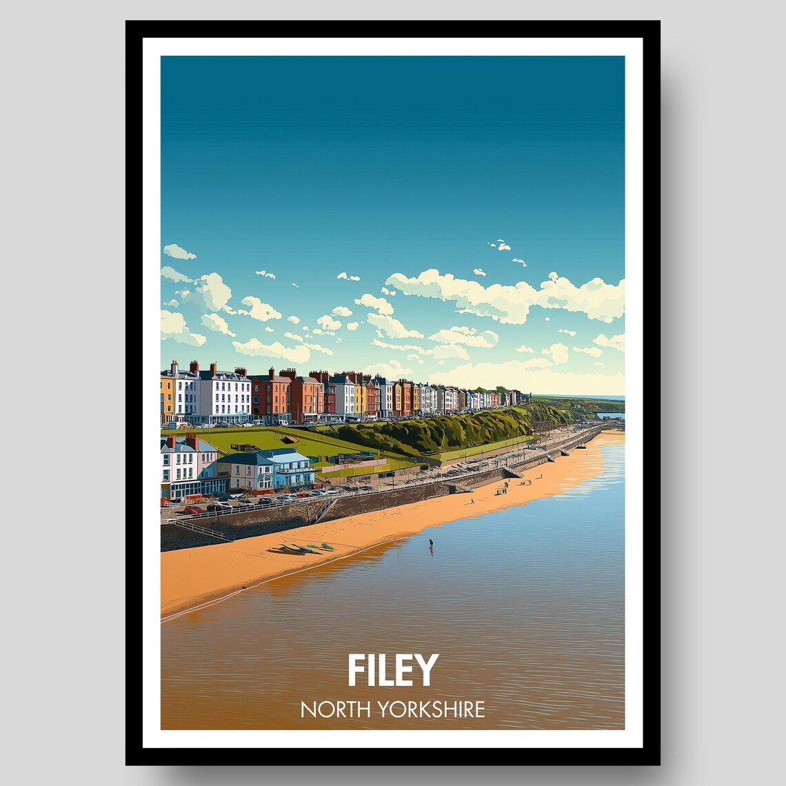 Filey North Yorkshire Beach Terraced Houses Retro Travel Poster