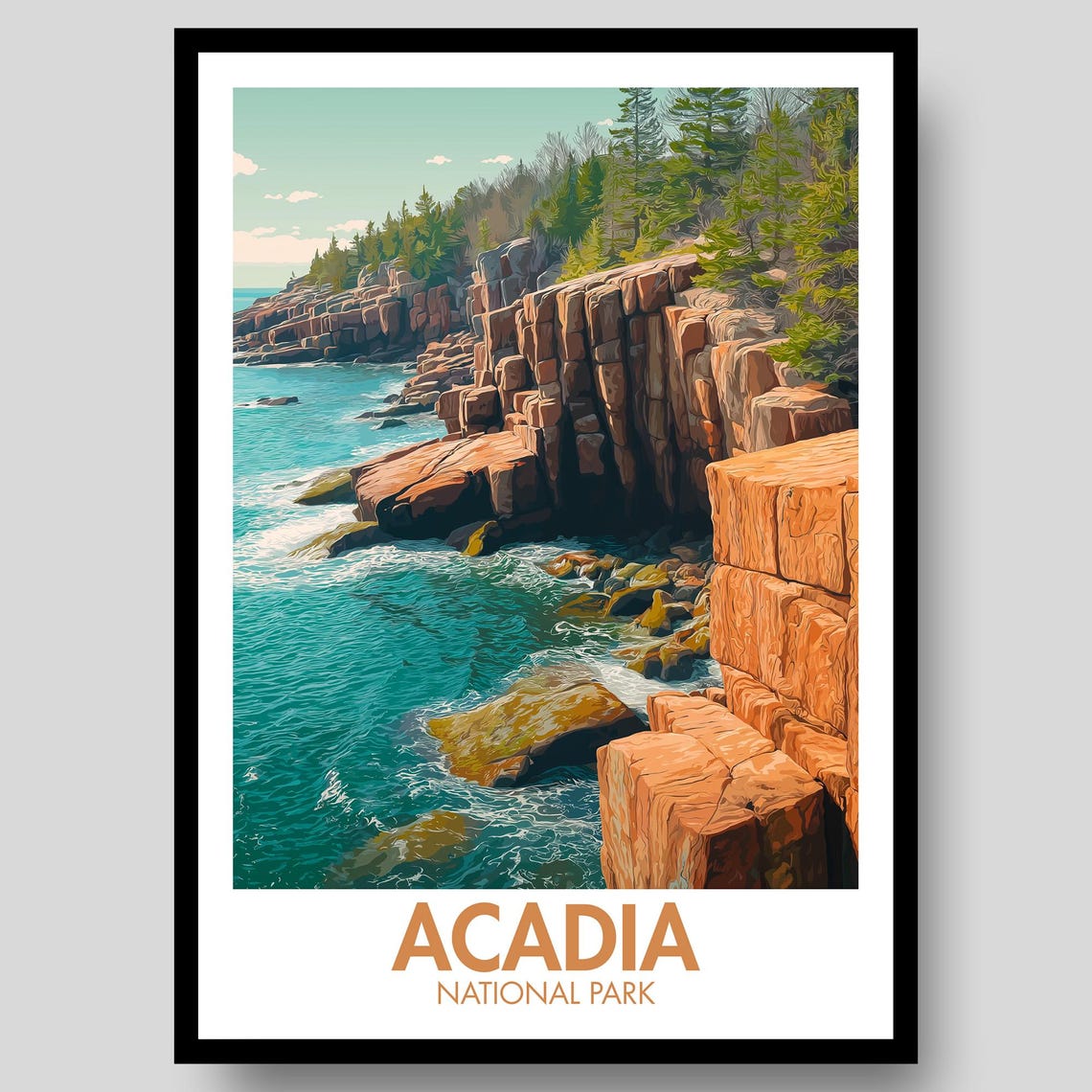 Acadia National Park Red Rock Cliffs Turquoise Ocean Coastal Poster