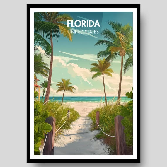 Florida Poster Print Wall Art Map Miami Key West Beach