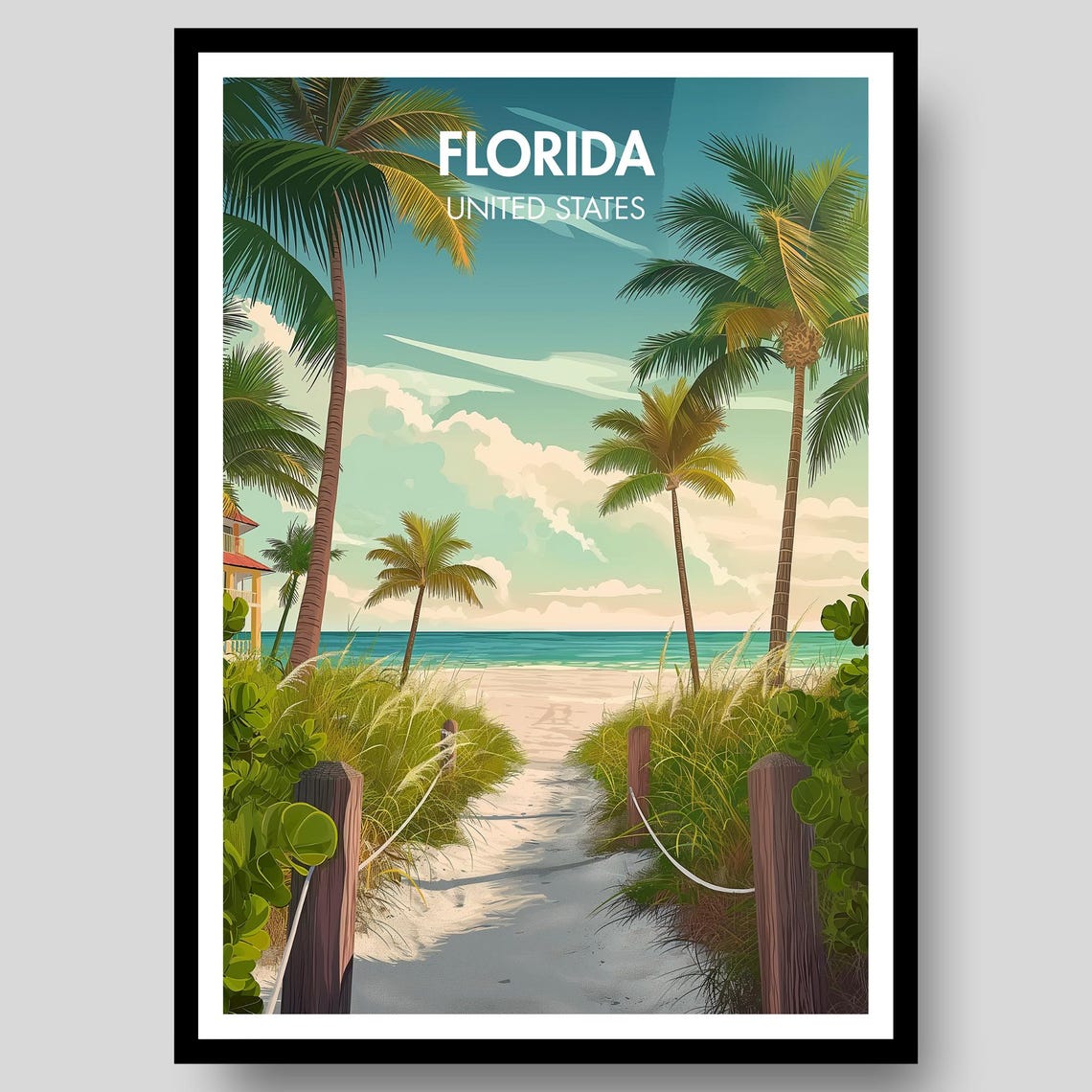 Florida Poster Print Wall Art Map Miami Key West Beach