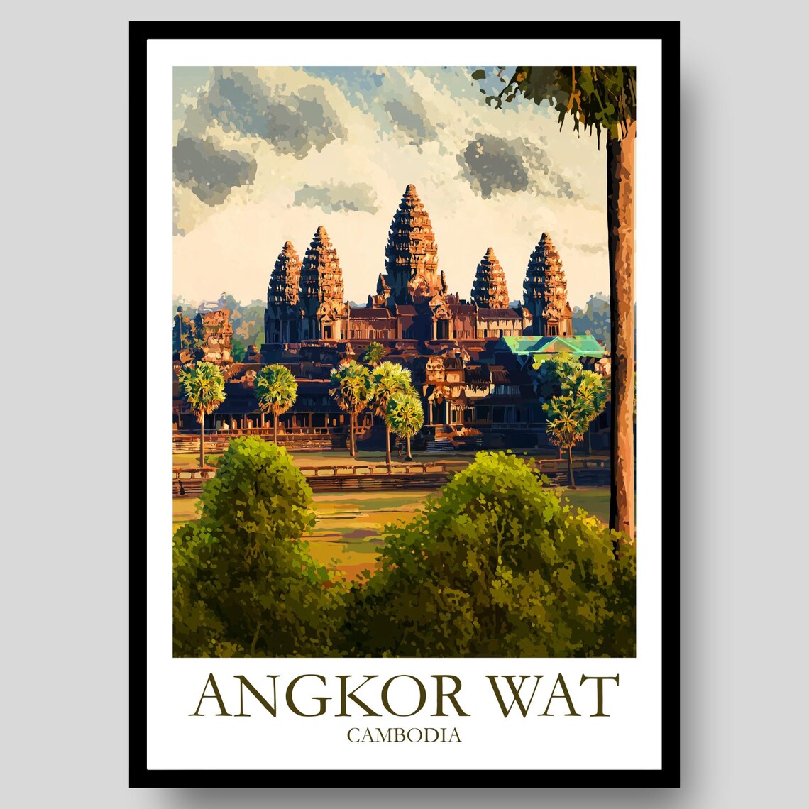 Angkor Wat Cambodia Temple Sunrise Palm Trees Morning Poster