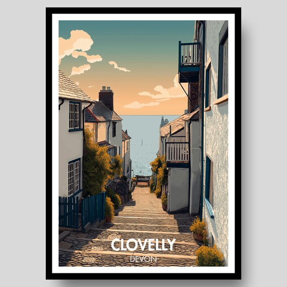 Clovelly Devon Steep Cobbled Street Harbour Vintage Travel Poster