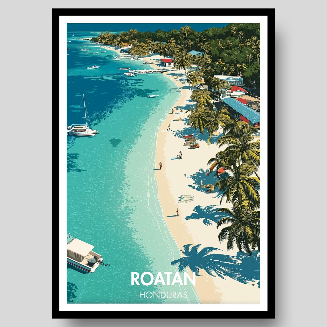 Roatan Honduras Palm Beach Aerial Vintage Caribbean Travel Poster