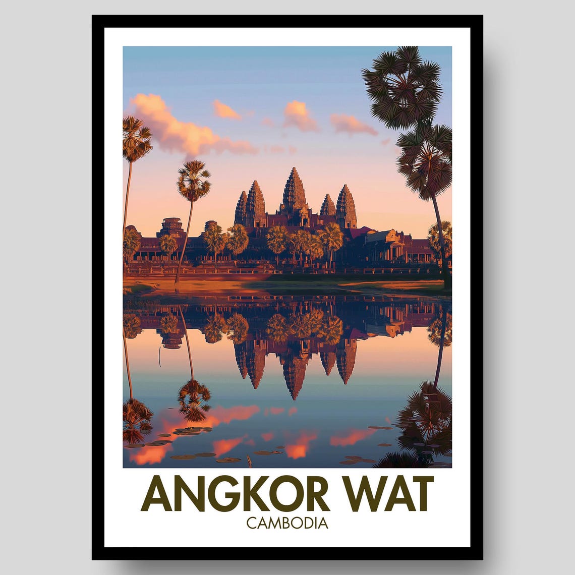 Angkor Wat Cambodia Temple Sunset Reflection Vintage Travel Art Poster