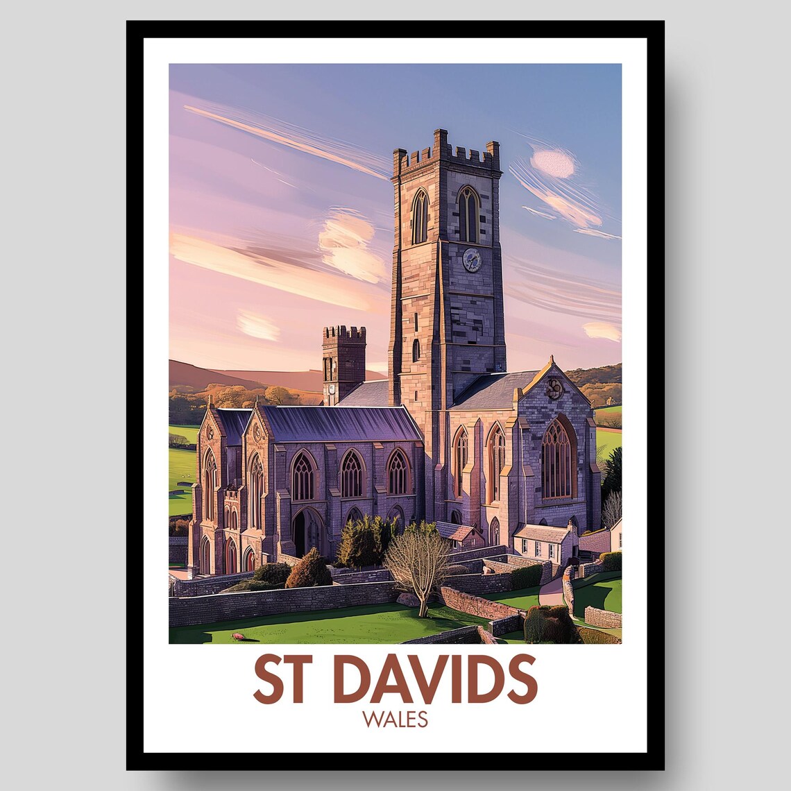 St Davids Wales Cathedral Evening Sky Historic Travel Poster
