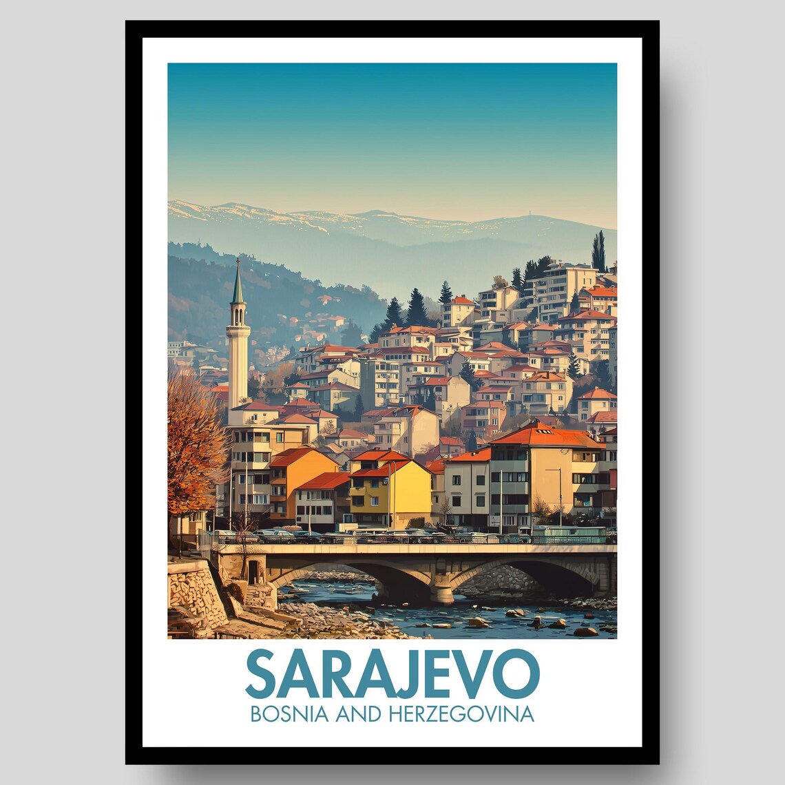 Sarajevo Bosnia and Herzegovina Old Town Bridge Vintage Travel Poster