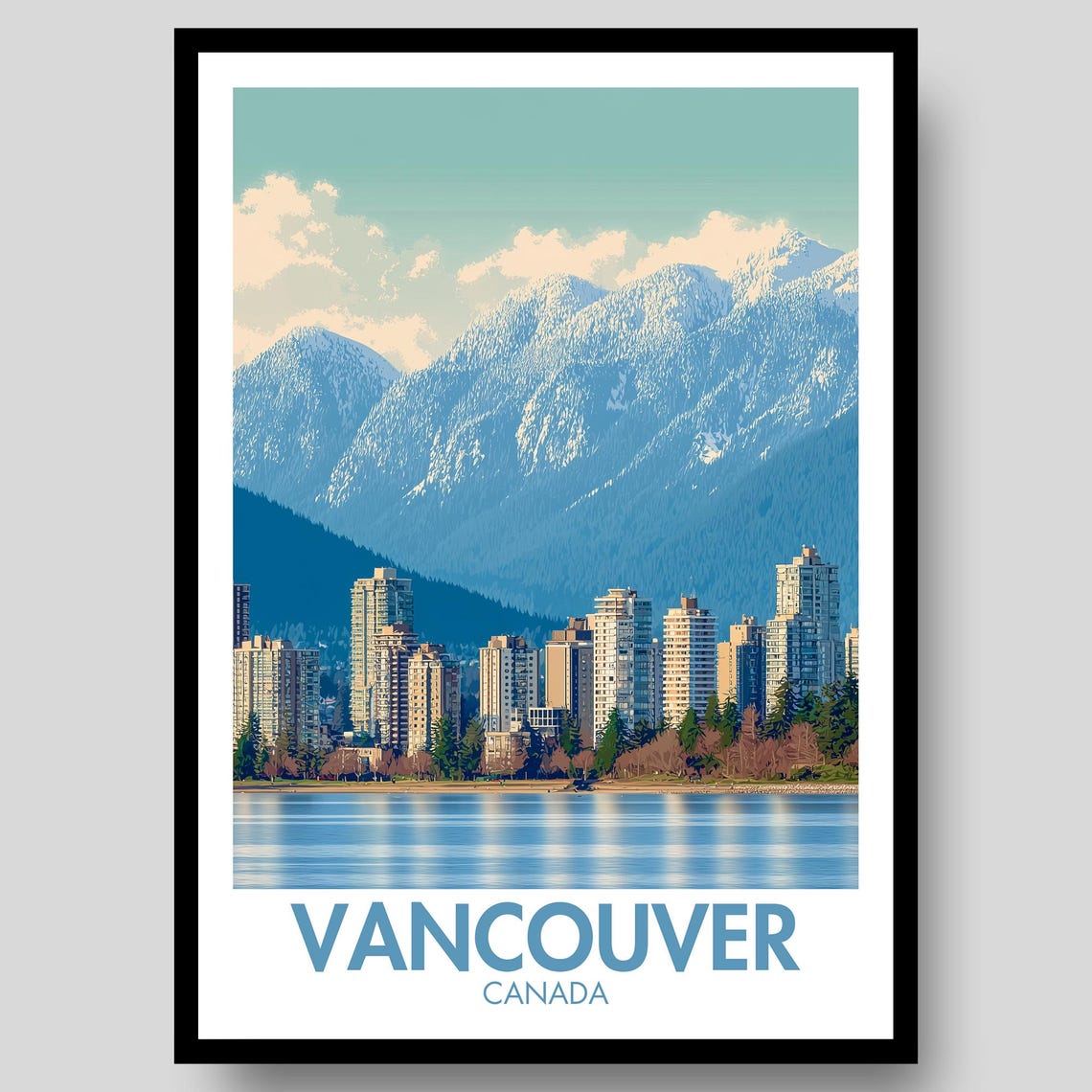 Vancouver Canada Snowy North Shore Mountains Skyline Travel Poster