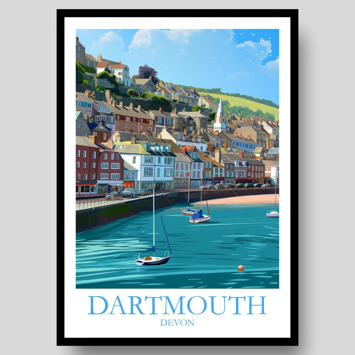 Dartmouth Devon Riverside Sailboats Colorful Hillside Town Poster