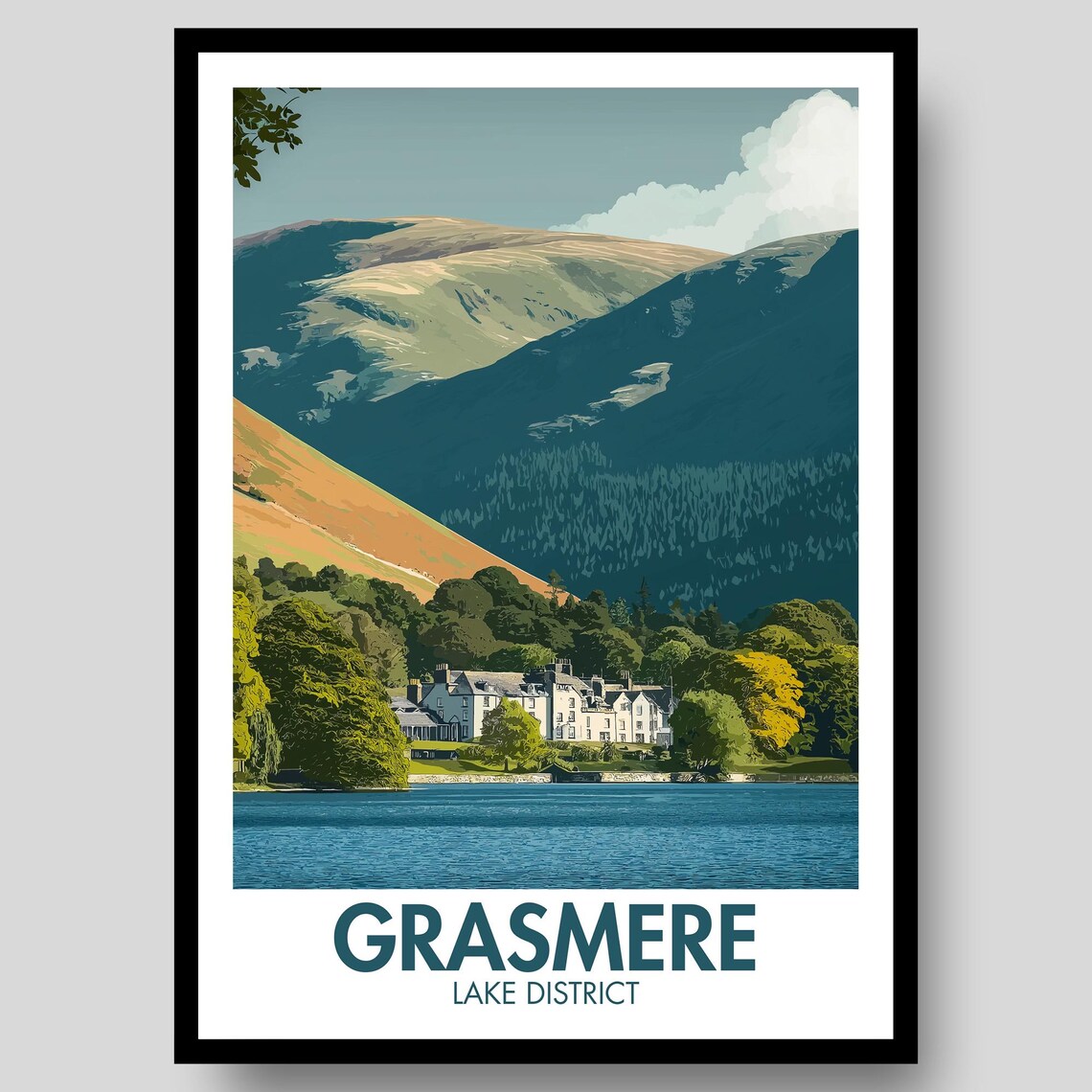 Grasmere Lake District Lakeside Hotel Mountains Retro Travel Poster
