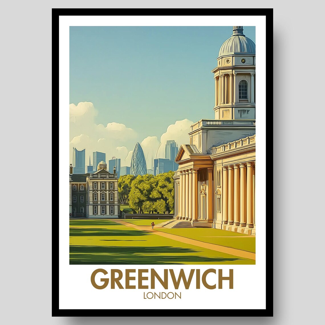 Greenwich London Royal Naval College Skyline Retro Travel Poster