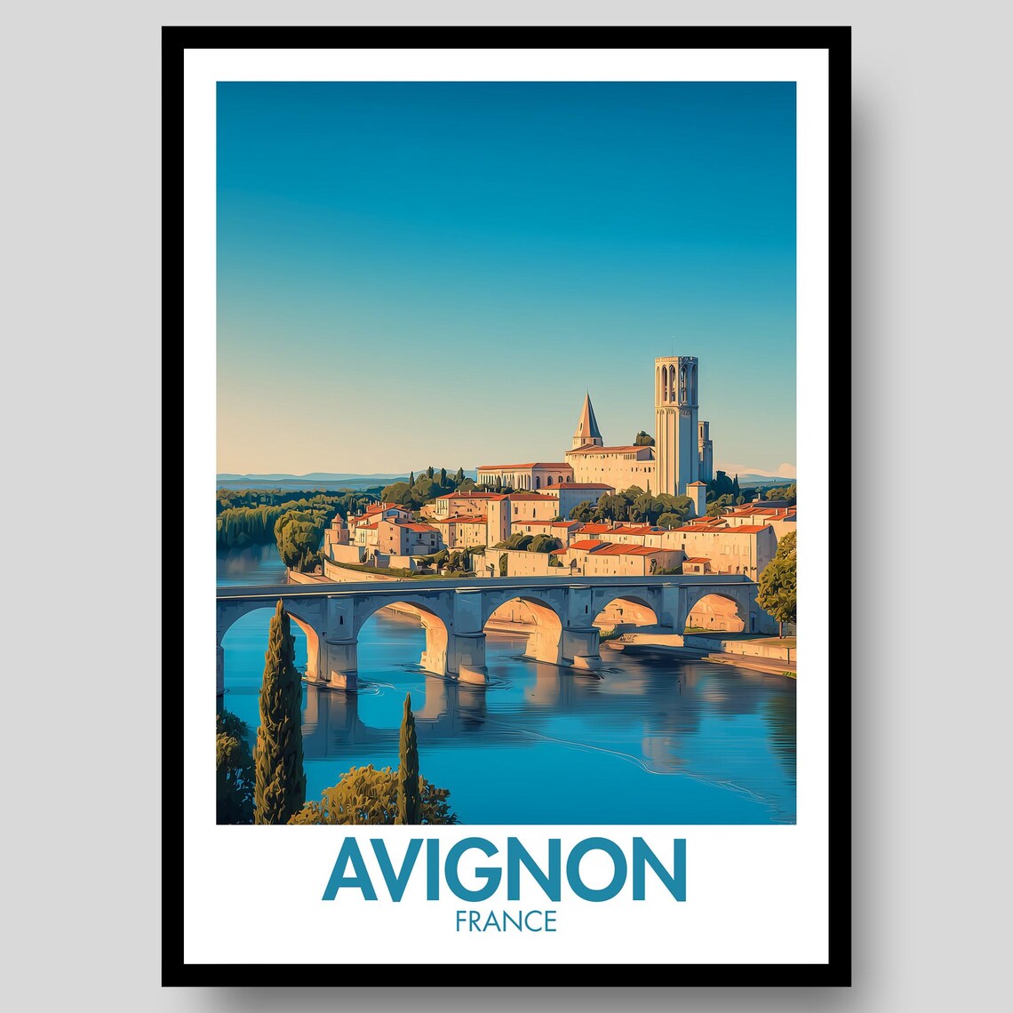 Avignon France Stone Bridge Palace Riverside Vintage Travel Poster