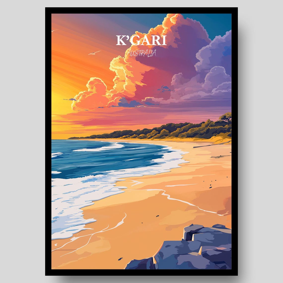 K'Gari Australia Golden Beach Sunset Surf Coast Travel Art Poster