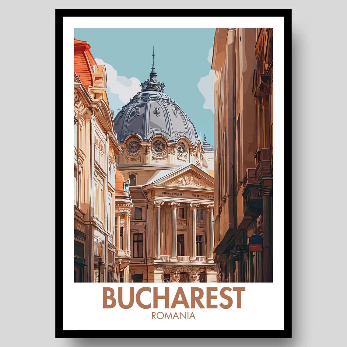 Bucharest Domed Historic Palace Romania Street Scene Travel Poster