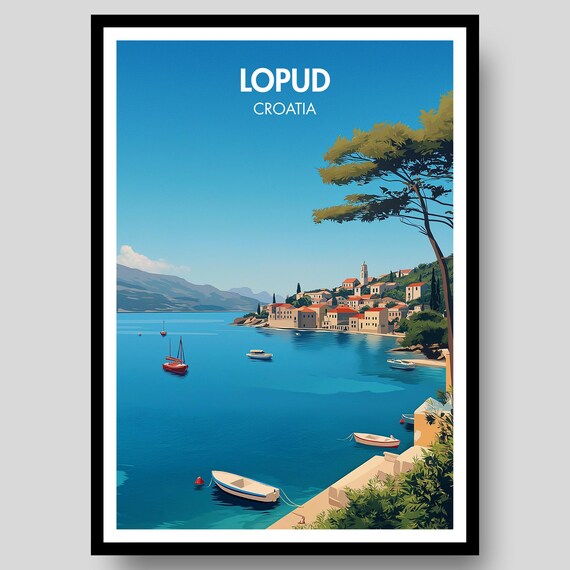 Lopud Croatia Island Harbor Boats Old Town Pine Tree Scene Poster