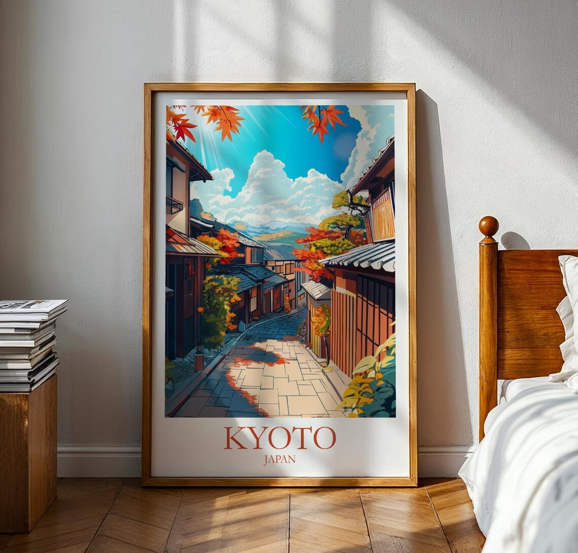 Kyoto Japan Historic Street Autumn Maple Leaves Vintage Travel Poster