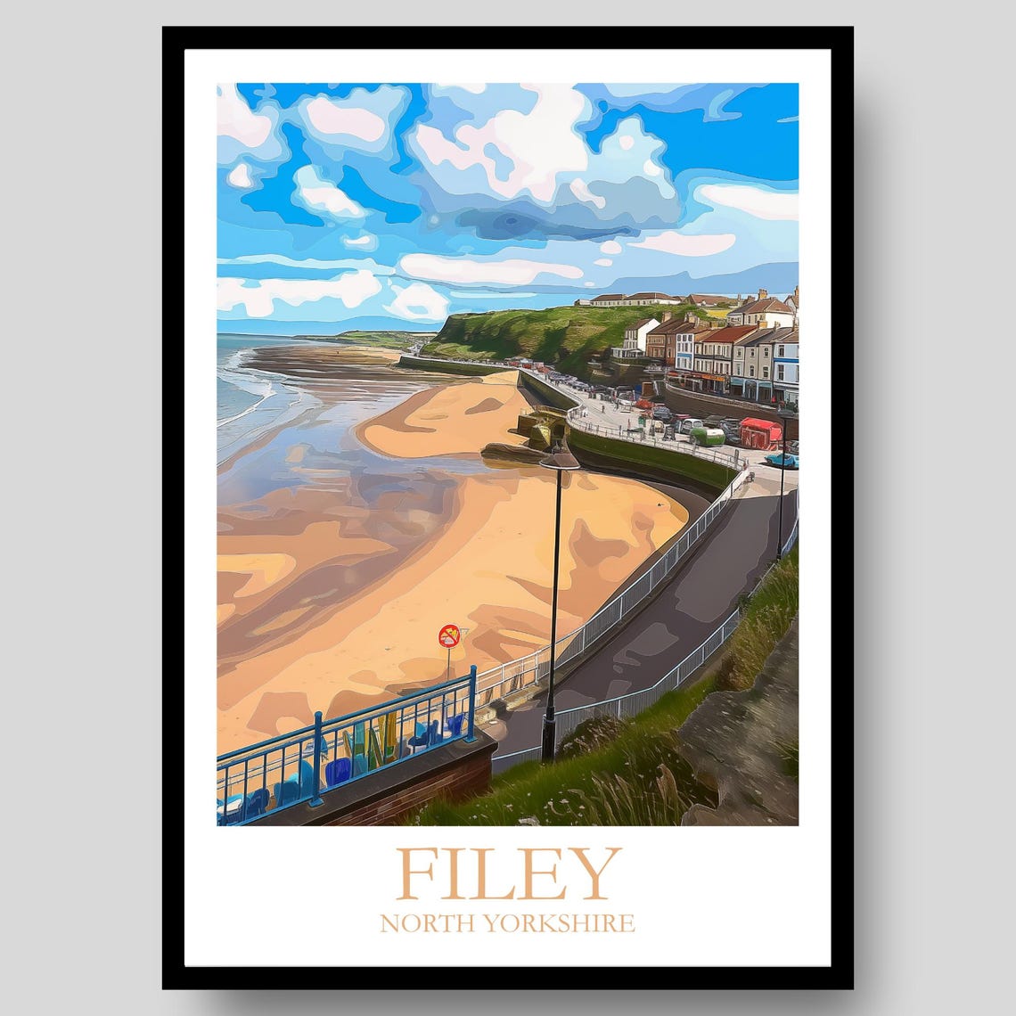 Filey North Yorkshire Sandy Beach Coastal Illustration Poster