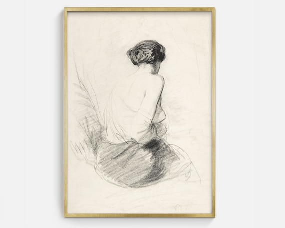 Seated Woman Back Charcoal Sketch Vintage Figure Study Art Print Poster