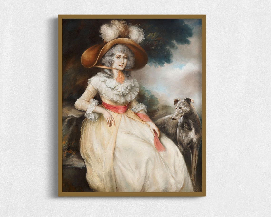 Vintage Painting Of Woman And Pet Dog Antique Portrait Of Woman