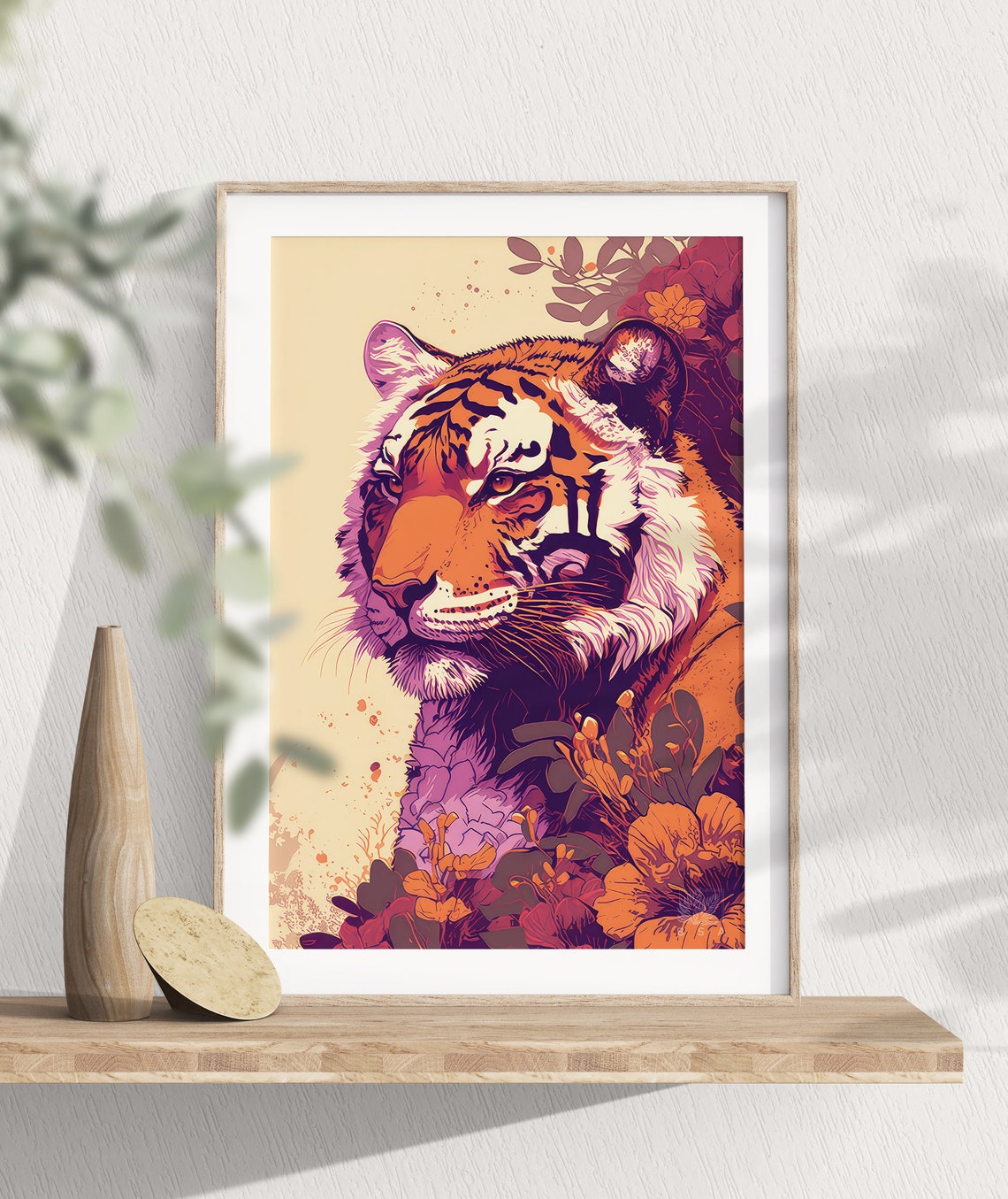 Tiger Portrait Vibrant Florals Modern Jungle Wildlife Poster