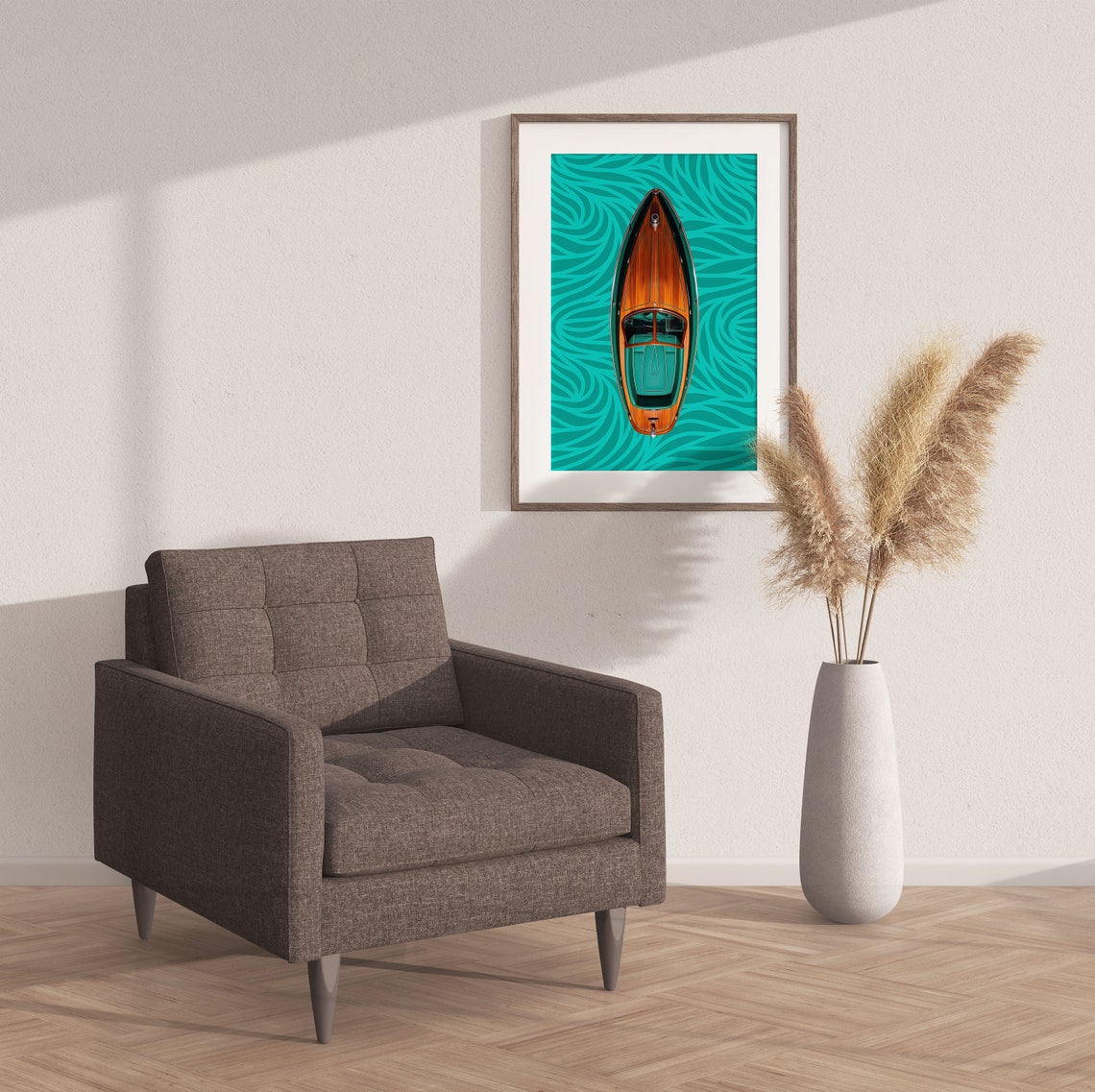 Classic Wooden Motorboat Turquoise Retro Luxury Nautical Wall Art - Image 2