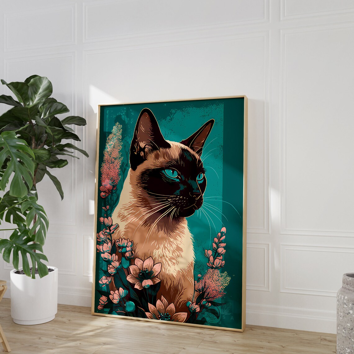 Siamese Cat Floral Portrait Green Eyes Tropical Botanical Poster - Image 2