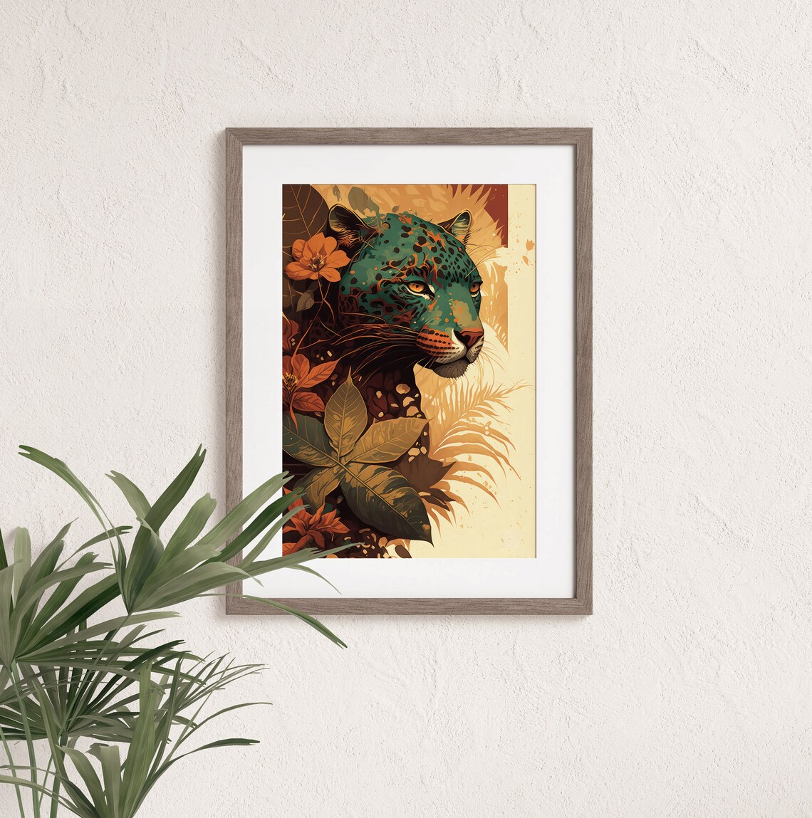 Stylized Green Jaguar Portrait With Golden Jungle Leaves Art Poster - Image 3