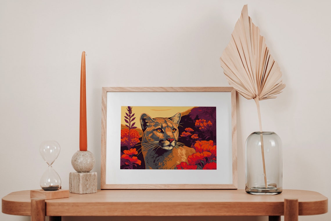 Cougar Portrait Red Poppies Modern Wildlife Illustration Poster - Image 3